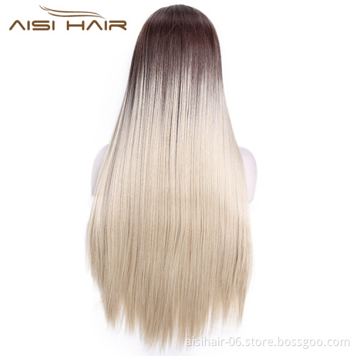 Aisi Hair 26 Inch Long Silky Straight Wig Ombre Blonde Dark Root Lace Frontal Wig Middle Part Front Lace Hair Wigs For Women